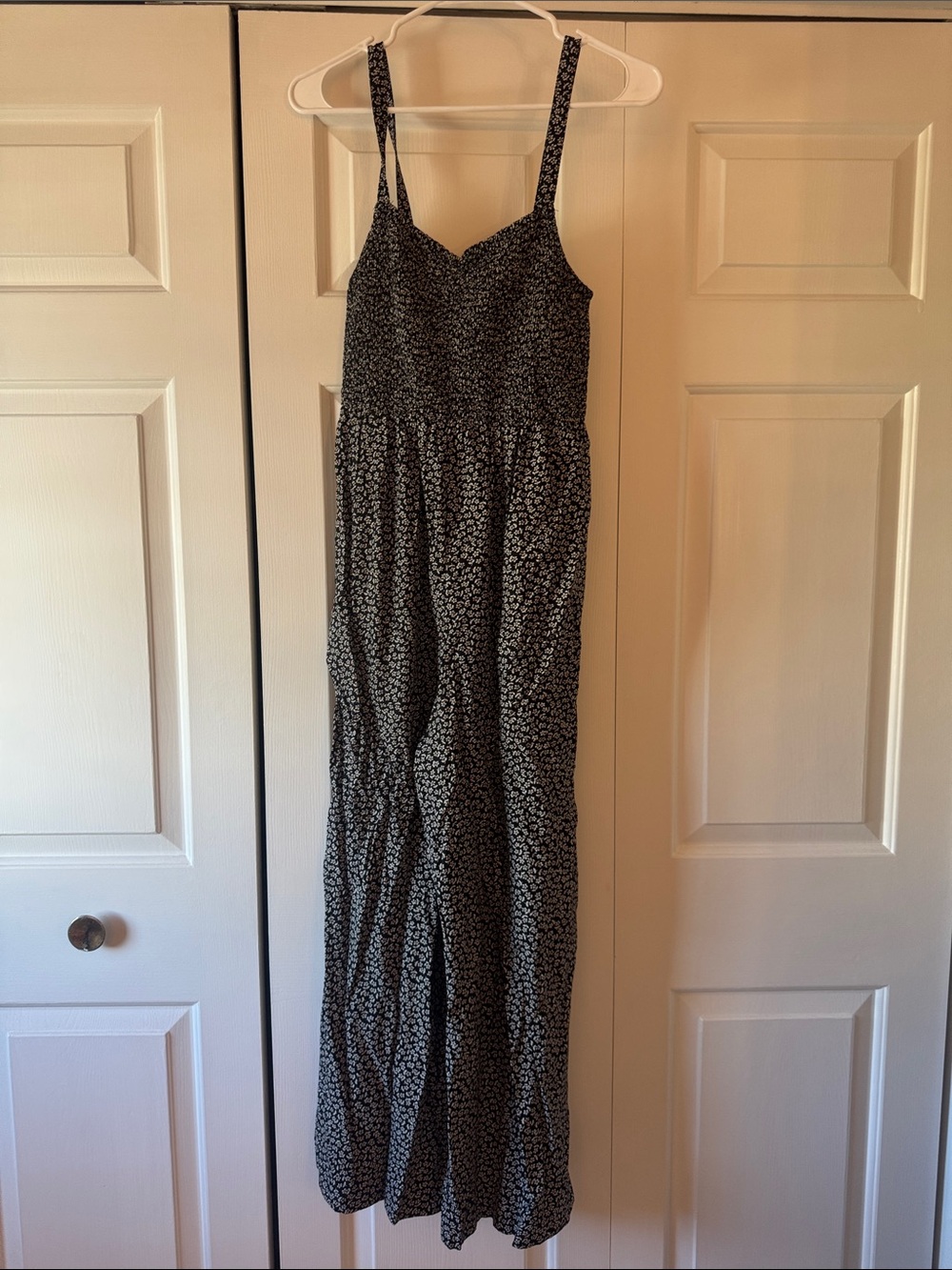 Madewell Black and White Ditsy Floral Smocked Strap Jumpsuit